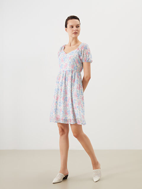 LCW Comfort Kalp Yaka Çiçekli Balon Kollu Elbise - S5OA55Z8-LQQ