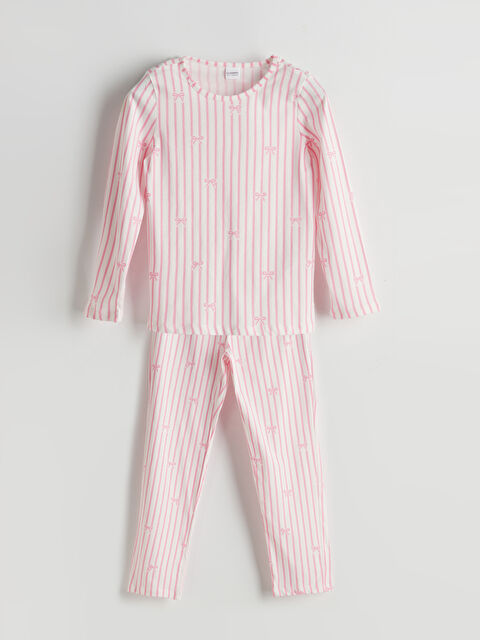 LCW Kids Bisiklet Yaka Fiyonk Desenli Kız Çocuk Pijama Takımı - S5OD44Z4-LT4