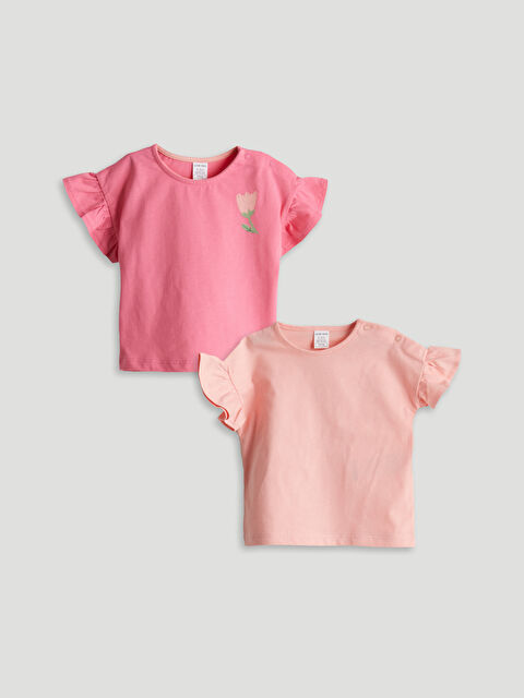 LCW baby Bisiklet Yaka Çiçekli Kız Bebek Tişört 2'li - S5OF04Z1-FJ0