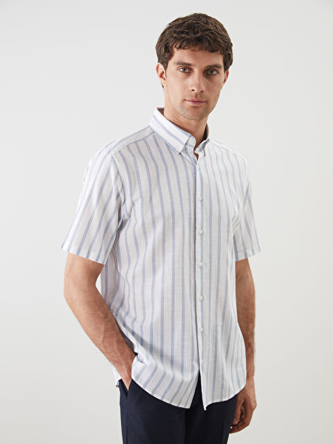 SOUTHBLUE Regular Fit Kısa Kollu Çizgili Keten Görünümlü Erkek Gömlek - S5OH82Z8-LEN