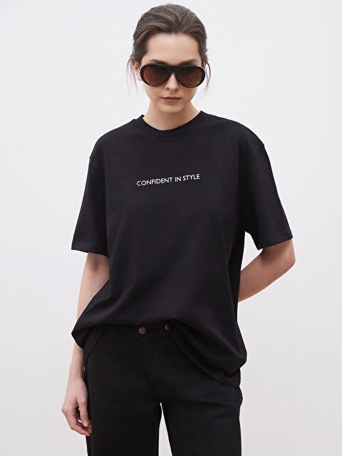 Soulife Bisiklet Yaka Baskılı Oversize Kadın Tişört - S5OI49Z8-CVL