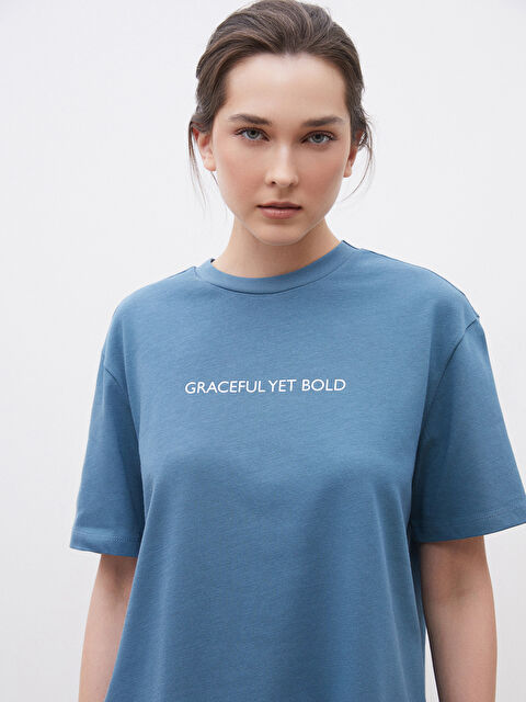 Soulife Bisiklet Yaka Baskılı Oversize Kadın Tişört - S5OI49Z8-D5V