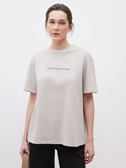 Soulife Bisiklet Yaka Baskılı Oversize Kadın Tişört - S5OI49Z8-HZZ