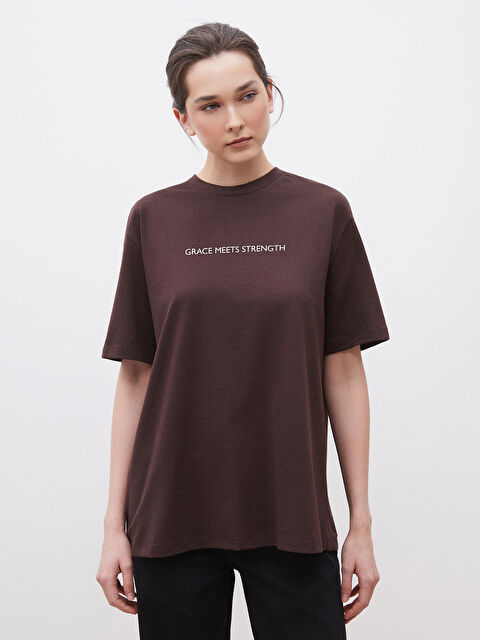 Soulife Bisiklet Yaka Baskılı Oversize Kadın Tişört - S5OI49Z8-J0W