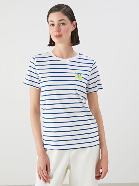 LCWAIKIKI Classic Bisiklet Yaka Çizgili Kadın Tişört - S5OI64Z8-LEN