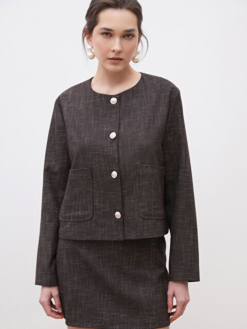 Soulife Bisiklet Yaka Desenli Kadın Tüvit Ceket - S5OI82Z8-LEW