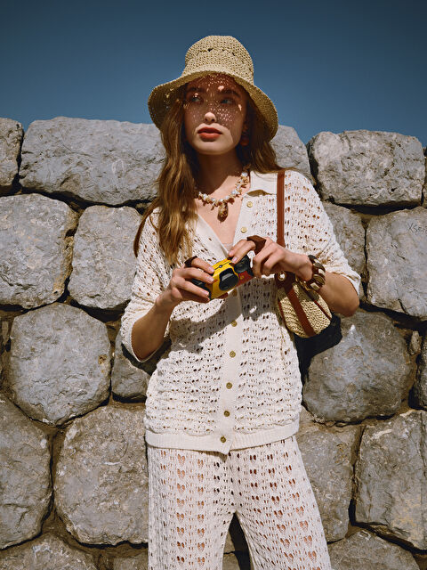 XSIDE Polo Yaka Ajurlu Kadın Triko Hırka - S5OJ07Z8-YKU