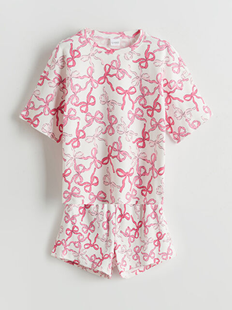 LCW Kids Bisiklet Yaka Fiyonk Desenli Kız Çocuk Şortlu Pijama Takımı - S5OO32Z4-LRA