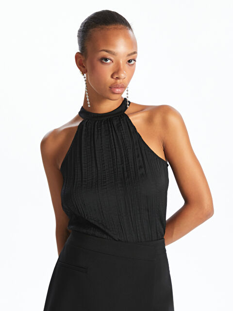 LCW Vision Halter Neck Ruched Satin Blouse