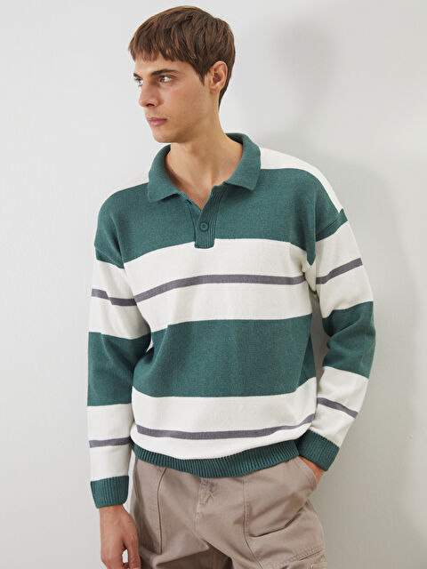 XSIDE Polo Yaka Çizgili Erkek Triko Kazak - S5OS25Z8-CS4