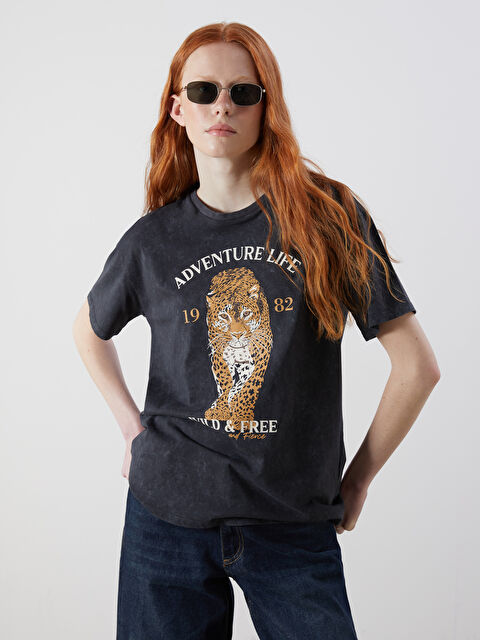 XSIDE Bisiklet Yaka Leopar Baskılı Kadın Tişört - S5OT02Z8-VDL