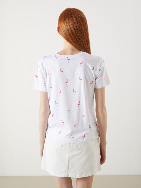 ❤︎様 XSIDE Beyaz Bisiklet Yaka Flamingo Baskılı Kadın Tişört - S5OT21Z8