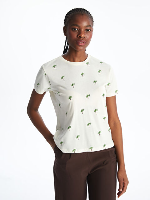 XSIDE Bisiklet Yaka Palmiye Baskılı Kadın Tişört - S5OT21Z8-F0B