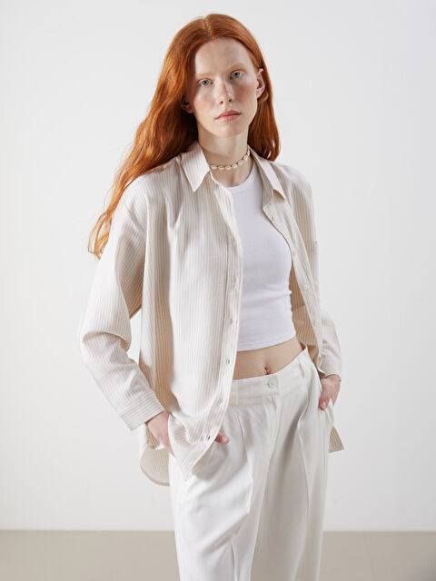 XSIDE Çizgili Oversize Keten Karışımlı Kadın Gömlek - S5OT55Z8-LE4