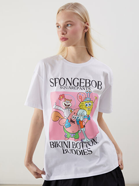 XSIDE Bisiklet Yaka Sünger Bob Baskılı Kadın Tişört - S5OY26Z8-Q6K