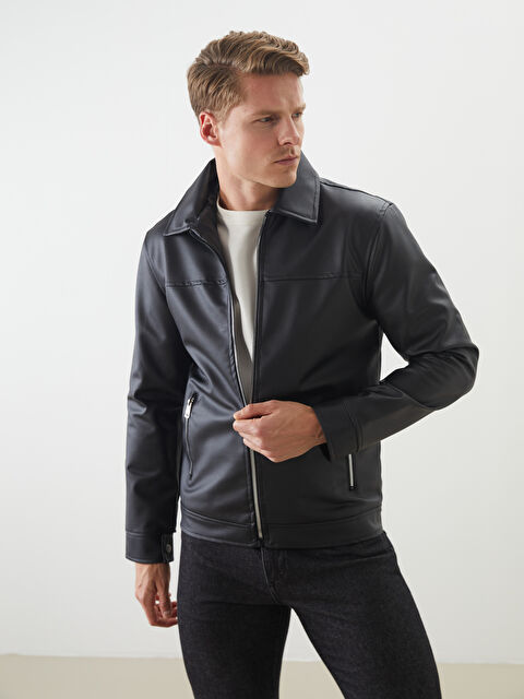 LCWAIKIKI Classic Slim Fit Gömlek Yaka Erkek Deri Görünümlü Ceket - S5P004Z8-CVL