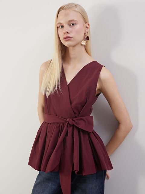 XSIDE Kruvaze Yaka Beli Bağlamalı Büzgülü Poplin Bluz - S5P218Z8-CZF