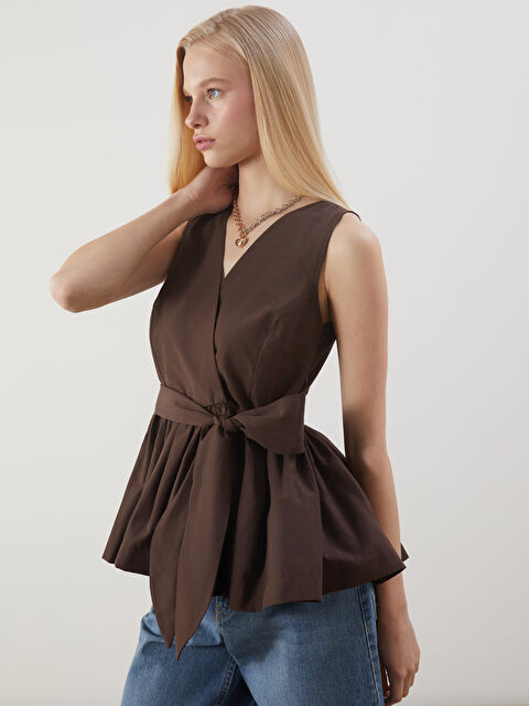 XSIDE Kruvaze Yaka Beli Bağlamalı Büzgülü Poplin Bluz - S5P218Z8-D2N