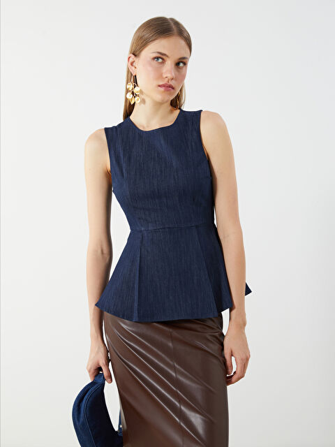 LCW Vision Bisiklet Yaka Peplum Jean Bluz - S5P226Z8-309