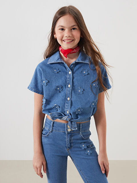 LCW Kids Çiçekli Kız Çocuk Jean Gömlek - S5P514Z4-H45
