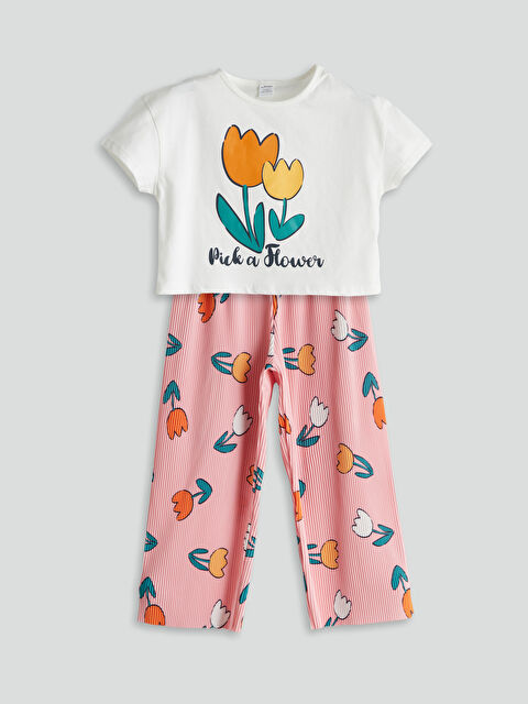 LCW Kids Bisiklet Yaka Çiçekli Kız Çocuk Tişört ve Tayt 2'li - S5P605Z1-QWL
