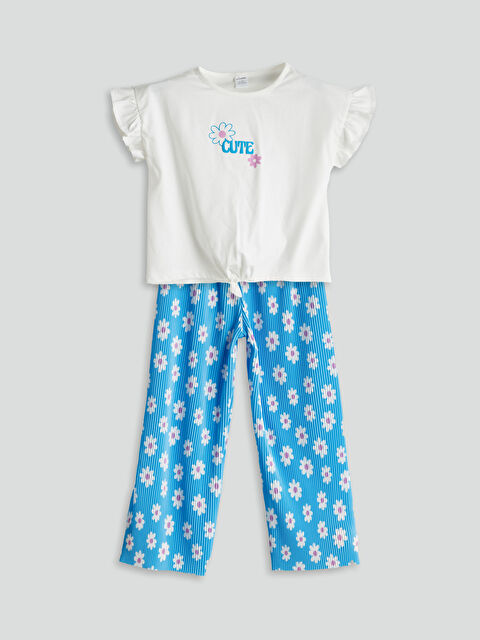 LCW Kids Bisiklet Yaka Çiçekli Kız Çocuk Tişört ve Tayt 2'li - S5P642Z1-GEZ