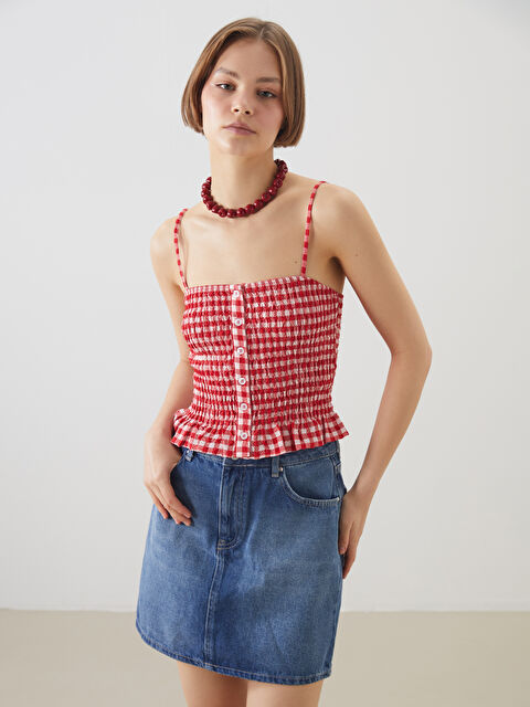 XSIDE Kare Yaka Ekose Crop Bluz - S5P711Z8-CRT