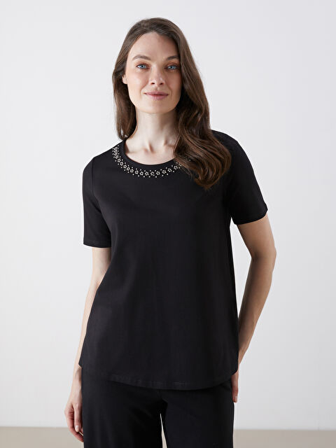 LCW Grace Bisiklet Yaka Taşlı Kadın Tişört - S5P870Z8-CVL