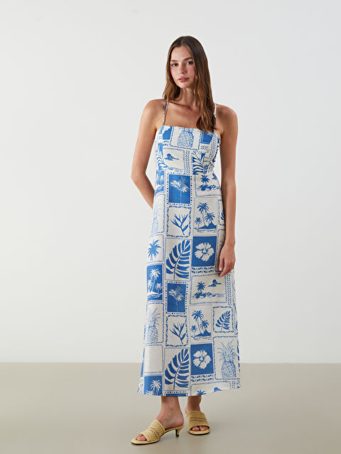 LCW Vision Kare Yaka Desenli Askılı Keten Karışımlı Elbise - S5PD15Z8-LQQ