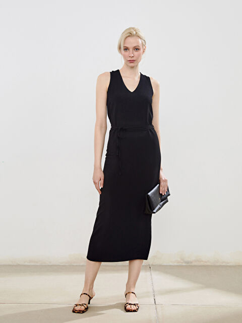 Soulife V Yaka Dokulu Kuşaklı Elbise - S5PD68Z8-CVL