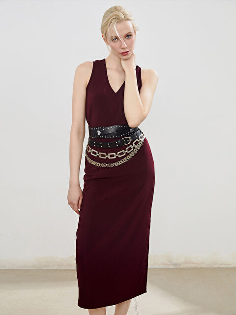 Soulife V Yaka Dokulu Kuşaklı Elbise - S5PD68Z8-CZT