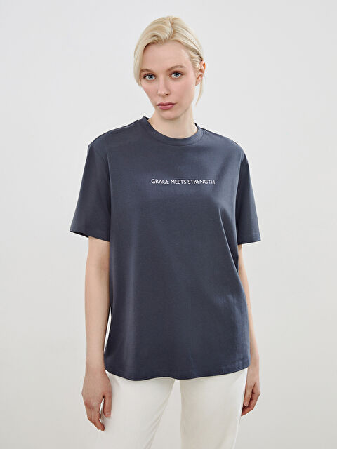 Soulife Bisiklet Yaka Baskılı Oversize Kadın Tişört - S5PE36Z8-CZM