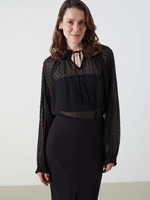 LCWAIKIKI Classic Tie Neck Textured Oversize Blouse - S5PG44Z8-MHS