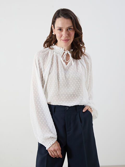 LCWAIKIKI Classic Tie Neck Textured Oversize Blouse - S5PG44Z8-MNG