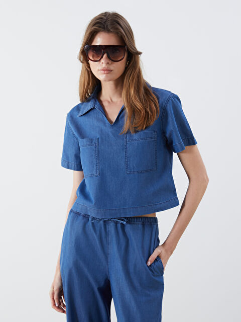 Natuvera Gömlek Yaka Crop Jean Bluz - S5PG66Z8-YZA
