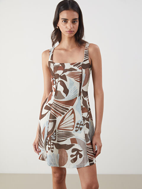 LCW Vision Kare Yaka Desenli Keten Görünümlü Mini Elbise - S5PI14Z8-LQY