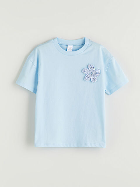 LCW Kids Bisiklet Yaka Çiçek Aplikeli Kız Çocuk Tişört