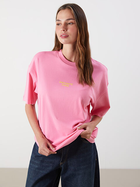 LCW Vision Bisiklet Yaka Paris Baskılı Oversize Kadın Tişört - S5PM55Z8-GFU