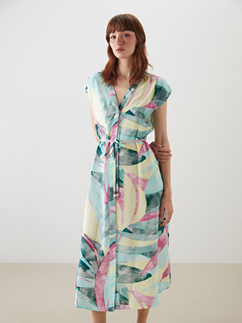 LCWAIKIKI Classic V Yaka Çiçekli Kuşaklı Gömlek Elbise - S5PN68Z8-F9C