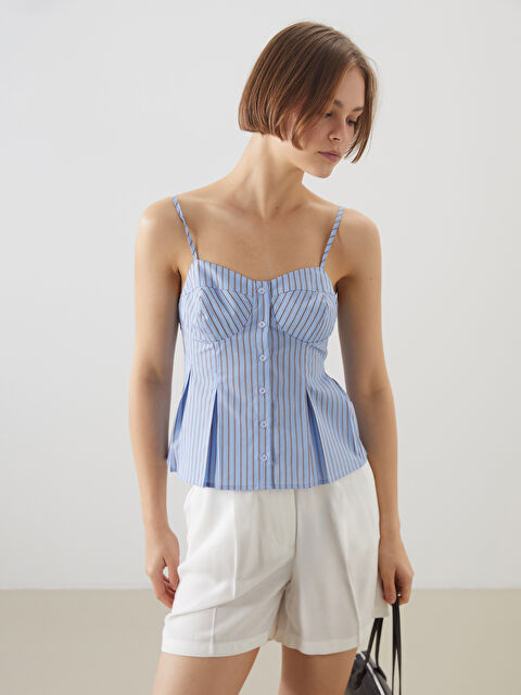 XSIDE Kalp Yaka Çizgili Pileli Poplin Bluz - S5PP28Z8-LEN