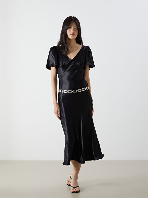 XSIDE V Yaka Büzgülü Saten Elbise - S5PR26Z8-CVL