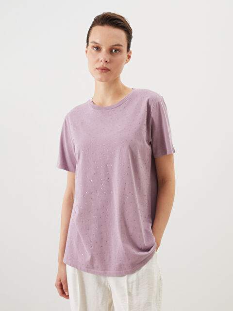 LCW Comfort Bisiklet Yaka Taşlı Kadın Tişört - S5PU44Z8-KFT