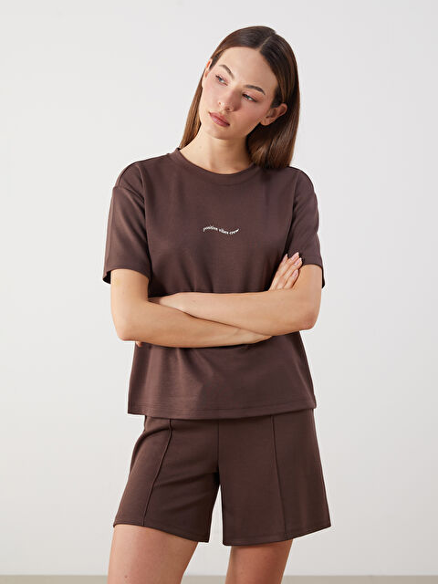 LCW Comfort Bisiklet Yaka Baskılı Kadın Tişört - S5PU45Z8-DJ7