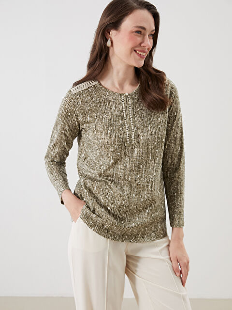 LCW Grace Bisiklet Yaka Desenli Dantel Detaylı Bluz - S5PV23Z8-LS5