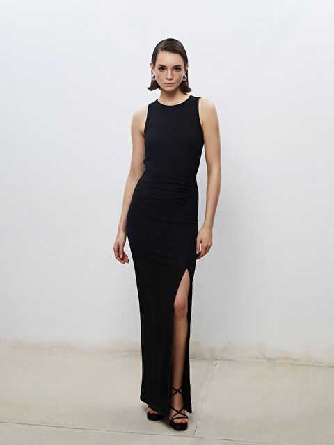 Soulife Bisiklet Yaka Simli Büzgülü Elbise - S5PV30Z8-CVL