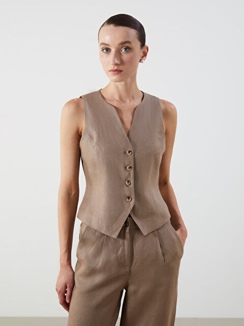 LCWAIKIKI Classic V Yaka %100 Keten Kadın Klasik Yelek - S5PV62Z8-GSK