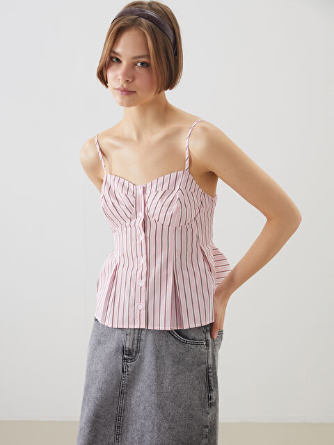 XSIDE Kalp Yaka Çizgili Pileli Poplin Bluz - S5Q183Z8-LHK