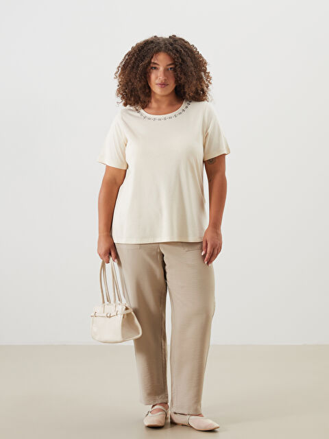 LCW Grace Дөңгелек жағалы әшекеймен безендірілген зығыр қоспасы блузка - S5Q373Z8-ZP3