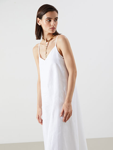 LCW Vision V Yaka Askılı A Kesim %100 Keten Elbise - S5Q558Z8-R9J