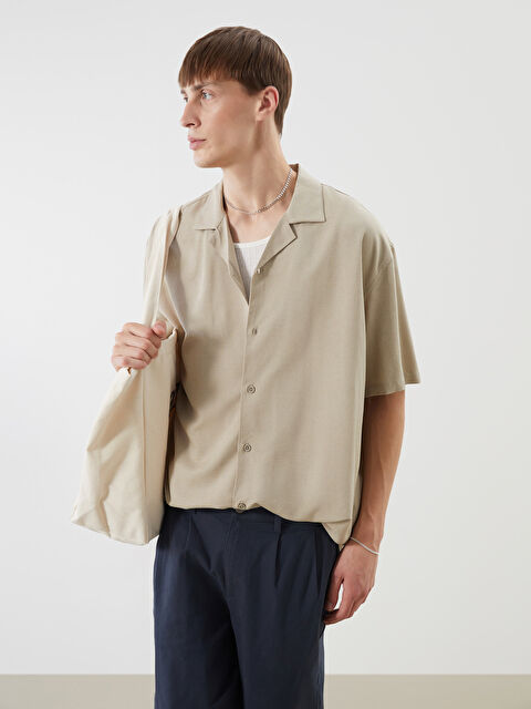 XSIDE Rahat Kalıp Resort Yaka Kısa Kollu Keten Karışımlı Erkek Gömlek - S5Q576Z8-ZT8